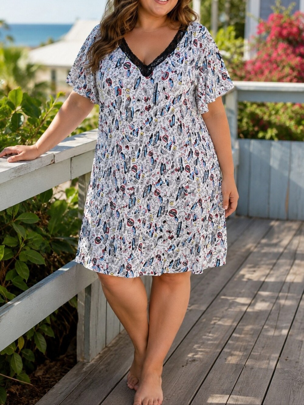 Disney Cruella Plus Size White Graphic V-Neck Chemise Black Lace Sleep Dress